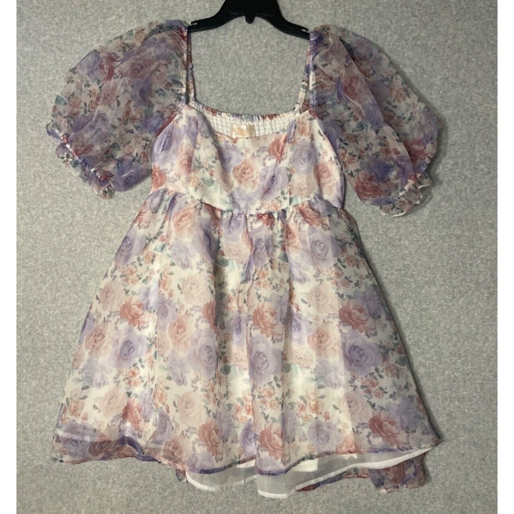 Audrey Parks Francescas‎ Mini Dress Medium Floral Puff Sleeves Chiffon Babydoll